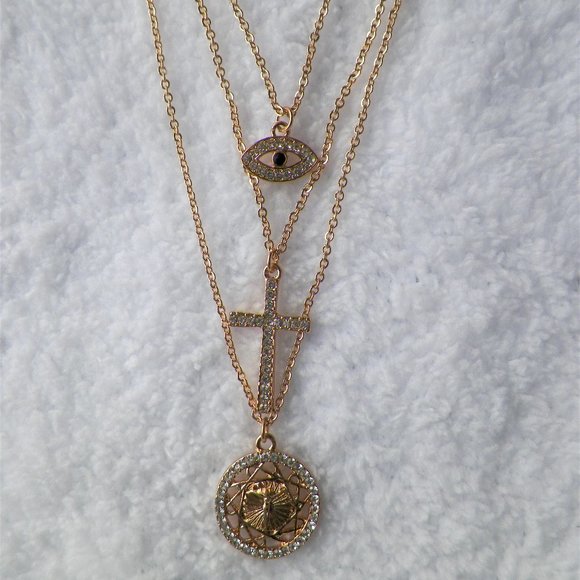 NWT Gold Spiritual Protection Multi-Layer Necklace Cross Crucifix Eye Forever 21 - Picture 2 of 6